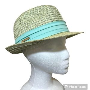 Vince Camuto Paper Straw Fedora Teal Ribbon